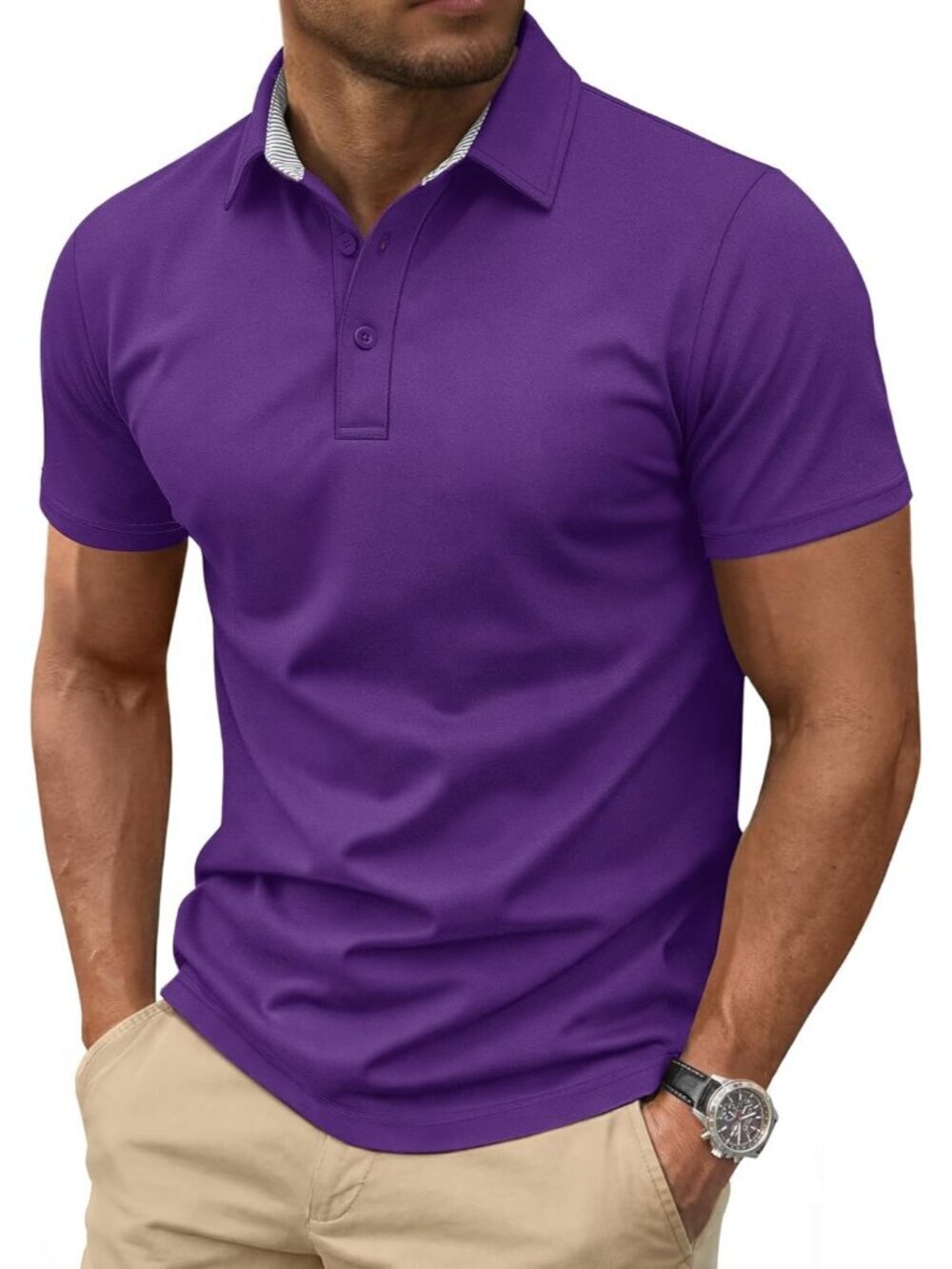 Men's Purple Cotton Pique Polo Shirt Short Sleeve 3 Button Classic Fit Golf